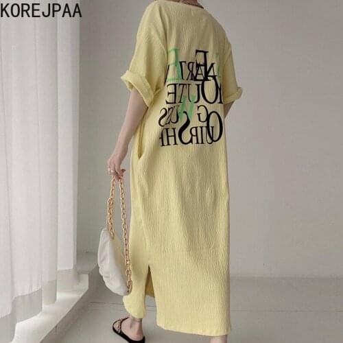 Korejpaa Woman Dress 2021 Korean Fashion Casual O Neck Letter Print Pleated Design Loose Short-sleeved Open-brimmed Long Vestido