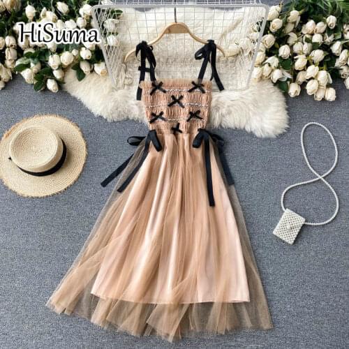 2021 summer new women strap beading lace-up bow ruffles gauze A-line dress female Chic sling elegant fashion mesh party dresses