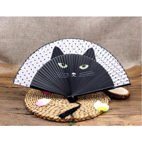 50pcs 21x38cm Vintage Japanese Bamboo Totoro Silk Hand Fan Cartoon Cat Painted Folding Fan Xmas Christmas Gift lin3783