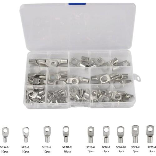 65Pcs SC6-SC25 Bare Terminals lug Tinned Copper Lug Ring Seal Wire Connectors SC Bare Cable Crimped Terminal Assorted Kit