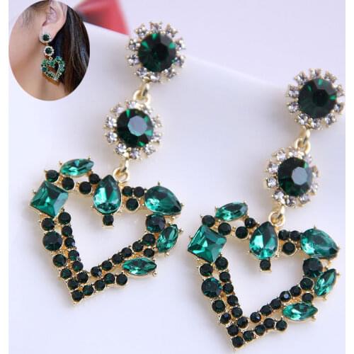 Boho Vintage New Long heart Hanging Green Crystal Stone Dangle Drop Earrings Baroque Trendy Jewelry Accessories For Women