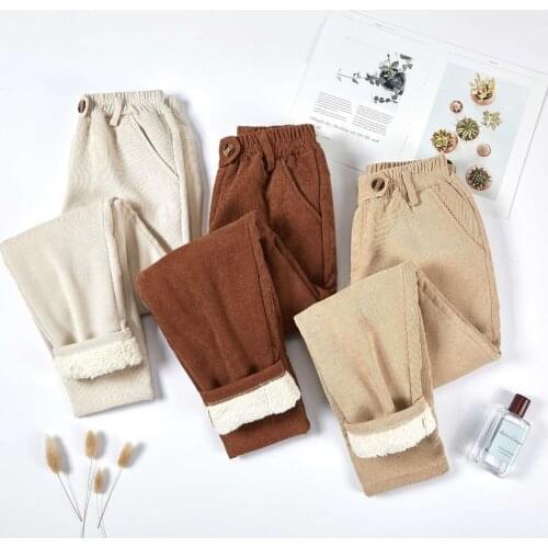 Women Straight Casual Pants Fashion Overalls Lambswool Thicken High Waist Leisure Harem Pants Elastic Waist Pants Women Trousers