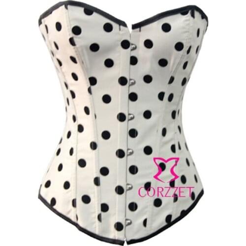 LaceUp Back Busk Front Closure White Satin Black Polka Dot Corset&Bustier Women Corsets Overbust Corselet corpetes e espartilhos