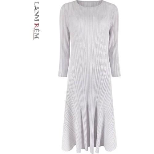 LANMREM 2021 New Spring Summer Dress Women Temperament Round Neck Slim Pleated Dress Stitching Casual Style A-line 2D1416
