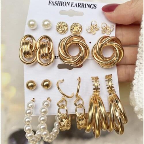 DIEZI New Women Earrings Set Vintage Pearl Cirle Earrings For Women Bohemian New Fashion Jewelry 2021 Geometric Stud Earrings