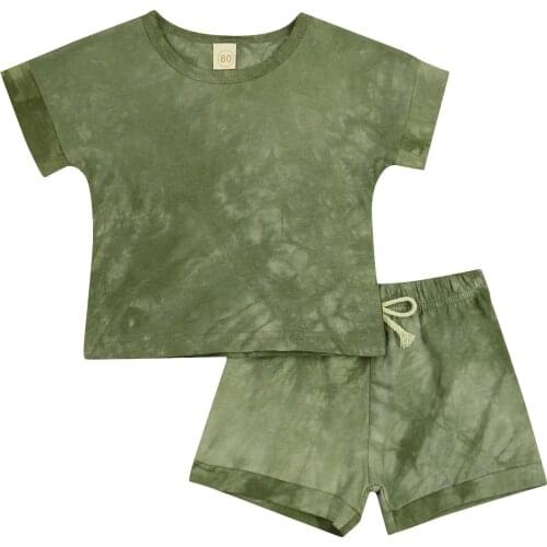 New Kids Suit Set, Summer Tie-Dyed O-Neck Short Sleeve T-Shirt+ Short Pants for Boys, Green/Gray/Blue, 1-5 Years
