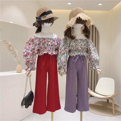 2021 Autumn New Girls' Clothing Sets Korean Style Costumes Floral High Waist Top+Wide Leg Pants Baby Kids Suit Children Clothing