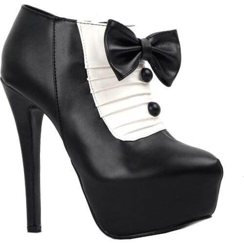 LF80842 Retro Black Two Tone Bow Button Platform Stiletto Ankle Boot Size 4/5/6/7/8/9/10