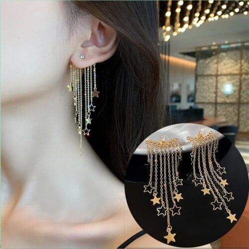 Simple Moon Star Rhinestone Long Chain Earrings New Women Shine Sun Crescent Geometric Tassel Piercing Earring Party Jewelry