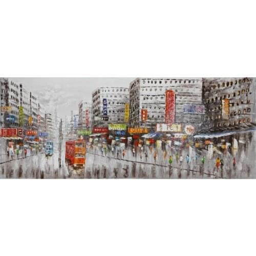 Hand Painted Oil Painting on Canvas Abstract Hong Kong Trams Street Canvas Painting Wall Art Picture Paiting for Home Decoration