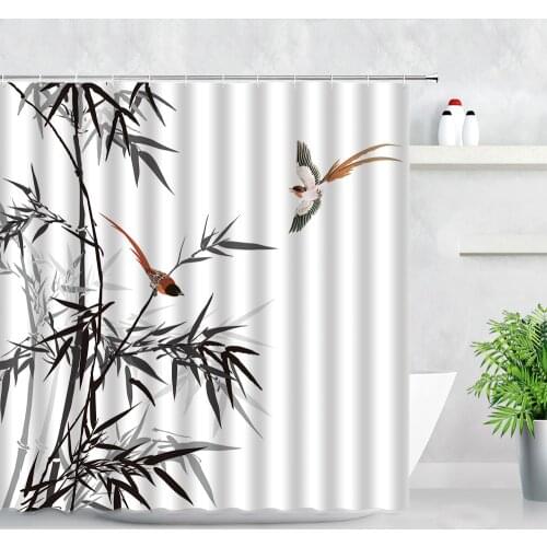 Waterproof Fabric Shower Curtains Ink Bamboo Birds Chinese Style Art Modern Home Decor Hooks Bathtub Screen Bathroom Curtain Set