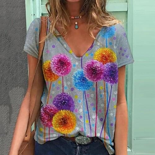 40# Harajuku Oversized T-shirts Women Plus Size Flora Printed Vintage Tee Tops Short Sleeve V-neck T-shirt Футболки Оверсайс