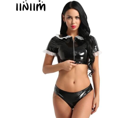 Womens Wetlook Latex Bodycon Clubwear Patent Leather Lingerie Set Turn-down Collar Crop Top with Zippered Crotchless Briefs