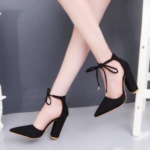 2019Women Pumps Sexy High Heels Shoes ladies Lace Up Point Toe Party Wedding Pump Black RED Woman shoes 35-43 chaussures femme