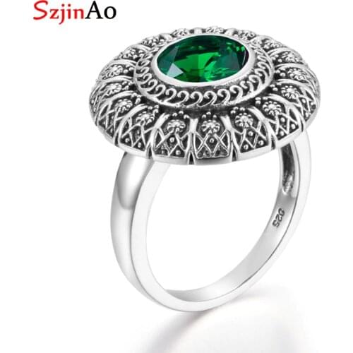 Szjinao Green Gemstone Ring Emerald Round Real 925 Sterling Silver Rings For women Carve Fower 2020 Spring Branded Fine Jewelry
