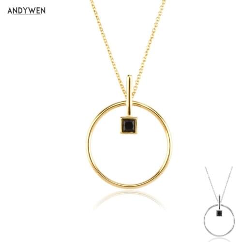 ANDYWEN 925 Sterling Silver Gold Circle Pendant Charm Long Chain Choker Necklace For Women Wedding Party Jewelry Rock Punk