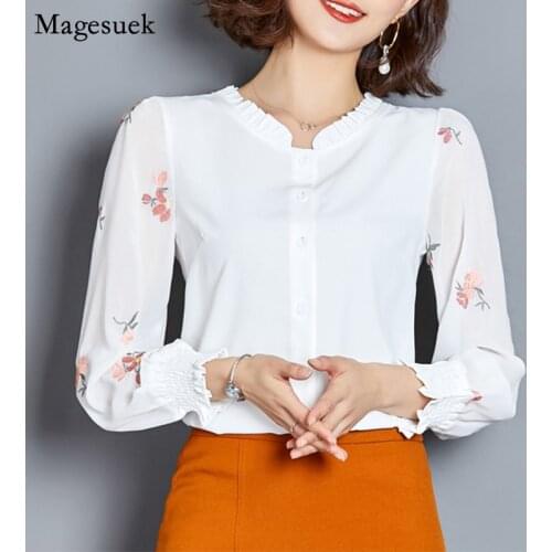 2021 Autumn Plus Size Long Sleeve Women Tops and Blouses Embroidery Floral Chiffon Blouse Elegant White Shirt Women Blusas 22640