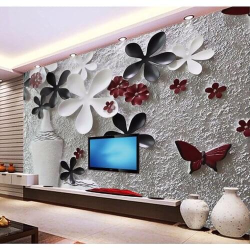 Bacaz Concrete Texture 3d Flower Vase Wallpaper for Living Room TV Background 3d Wall Papel Mural Wall paper 3d Flwoer Sticker