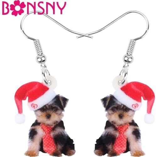 Bonsny Acrylic Christmas Hat Tie Yorkshire Dog Earrings Drop Dangle Animal Decoration Jewelry For Women Girl Teen Kid Party Gift