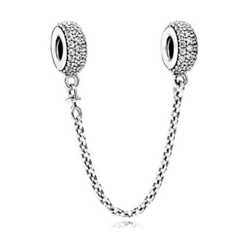 Genuine 925 Sterling Silver Bead Charm Pave Inspiration Crystal Safety Chain Beads Fit Pan Bracelet & Necklace DIY Jewelry