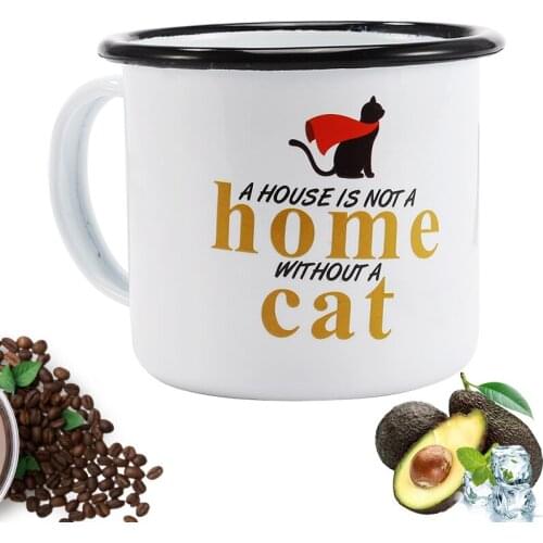 Simple Black Edge Enameled Cup, Special Cat Pattern Milk Mug, Household and Office Coffee Cup