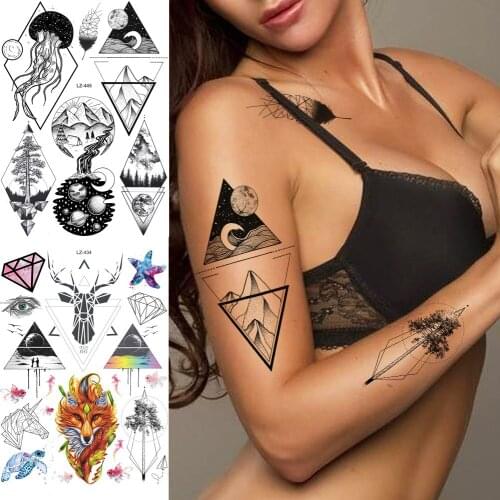 COKTAK Geometric Round Jellyfish Black Temporary Tattoos Sticker Mountain Galaxy Moon Fake Tatoos Rhombu Triangle Fox Tattoos