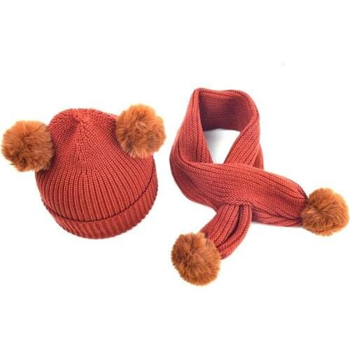 Children Caps Cute Baby Pompon Winter Hat Scarf Sets Real Natural Fur Ball Caps Knit Beanie Hat Winter Scarf Cotton Warm Soft