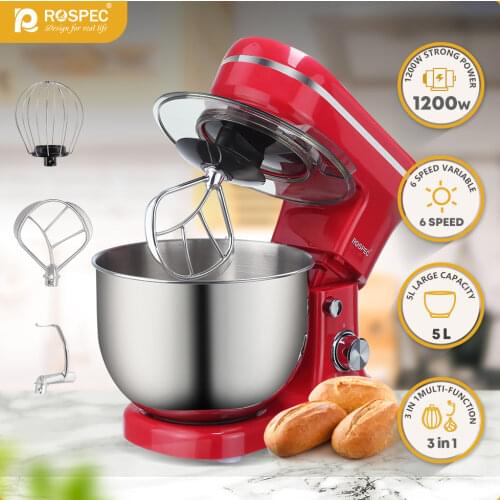 ROSPEC 1200W 5L Electric Kitchen Food Stand Mixer Stainless Steel Bowl 6 Speed Cream Egg Whisk Whip Dough Kneading Food Mixer