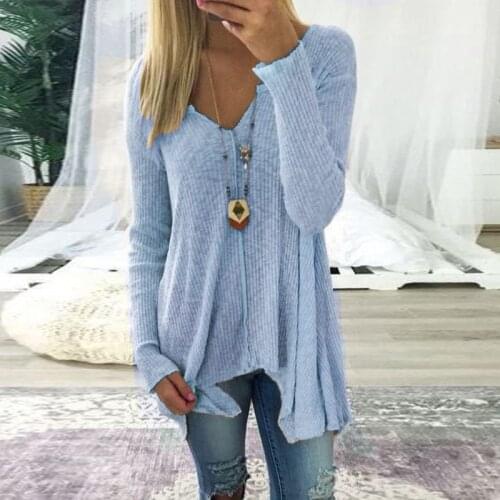 Deep V-Neck Irregular Knitted Tops Shirts Solid Slim Sexy Pullovers Coat New Autumn Women Fashion Casual Long Sleeve Shirts