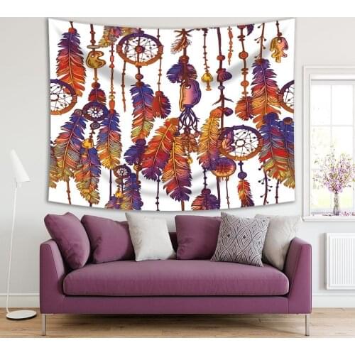 Tapestry Colorful Feathers Dreamcatchers Vintage Decorative Brown Blue Purple Colors Tribal Artwork Printed