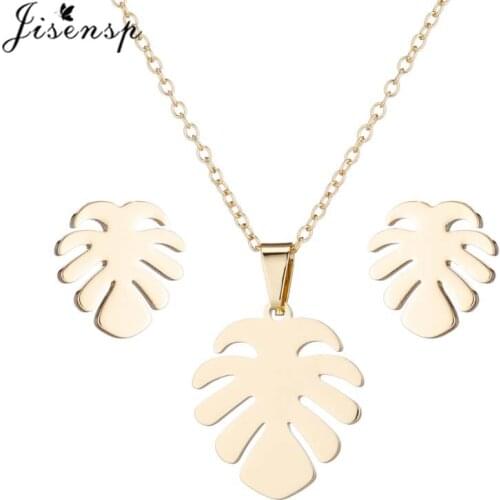 Jisensp Vintage Leaf Stainless Steel Jewelry Sets Bohemian Summer Beach Leaf Charm Necklace Earrings for Women Girls Party Gift