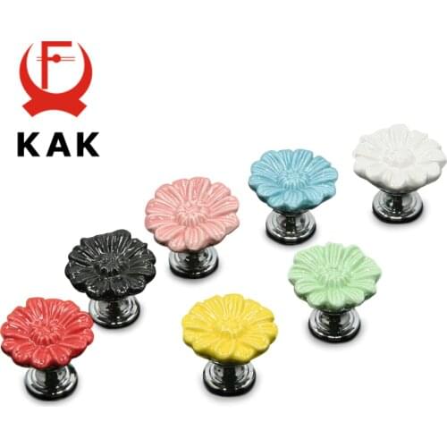 KAK Chrysanthemum Ceramic Handles Drawer Knobs Cupboard Door Handles for Kids Room Cabinet Handles with screws Furniture Handles