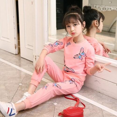 2PCS Set Kids Girl Clothes Long Sleeve Butterfly Print Pullover T-Shirt Tops Long Pant Outwear Active Sportswear Children Suit