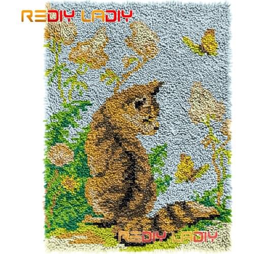 Latch Hook Rug Kitten in a Garden Crocheting Tapestry Kit DIY Carpet Rug Chunky Yarn Needlework Knitted Floor Mat Hobby & Crafts