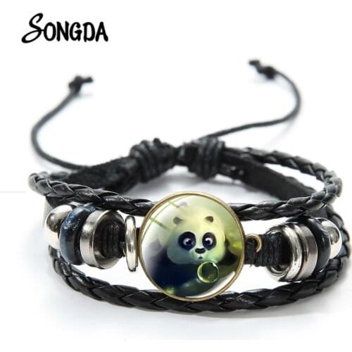 Kawaii Black Eyes Panda Leather Bracelet Cute Animal Cartoon Picture Glass Dome Adjustable Bangles Souvenir for Women Men