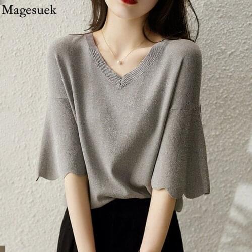 V-neck Knitting Summer Womens Blouse Ice Silk Petal Sleeve Top Loose Short Sleeve Sweater Thin Womens Fashion Shirt 14799