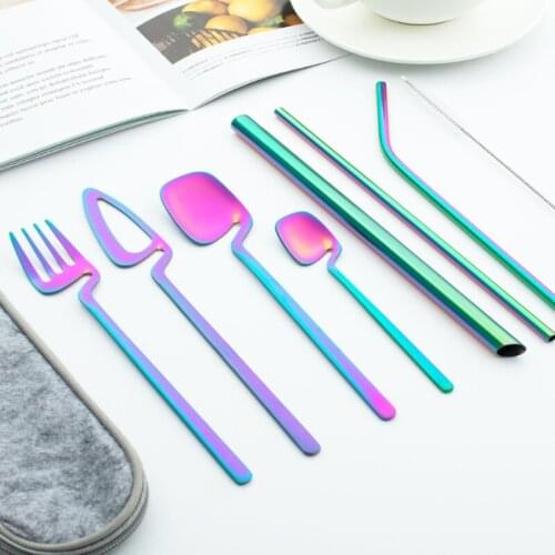 Straw Knife Fork Spoon Combination 304 Stainless Steel Cutlery Outdoor Travel Camping Storage Tableware Portable Dinnerware Sets