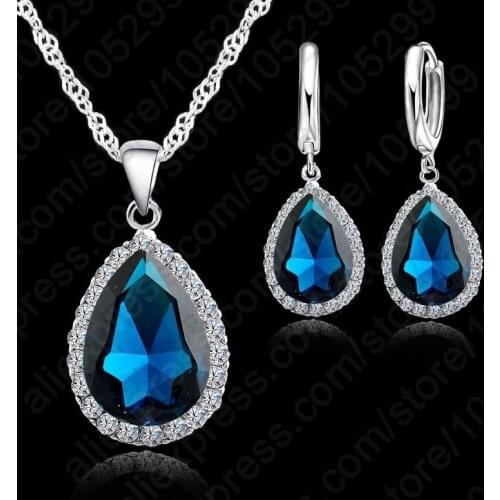 Vintage High Quality Waterdrop Crystal Necklaces Hoop Earring Wedding Jewelry Set 925 Sterling Silver Fashionable Bijoux