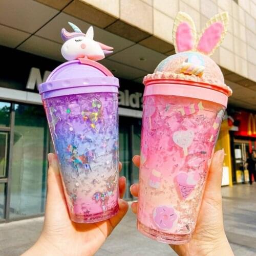 430ml Rabbit Ear Plastic Water Bottle Large Capacity Double Layer Colorful Student Ice Cream Cup Milk Tea Portable Drinking Cup