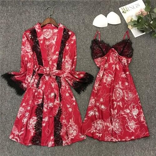 Sexy Women 4PCS Robe Gown Set Casual Satin Kimono Nightdress Sleepwear Suit Nighty Bathrobe Intimate Lingerie Print Home Clothes