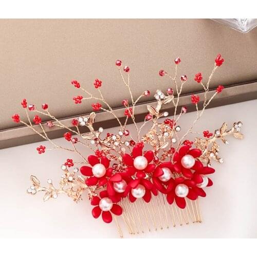 Gorgeous Red Flower Decorated Rhinestone Hair Comb Women Headpeice Bride Wedding Party Headdress Hair Jewelry LB
