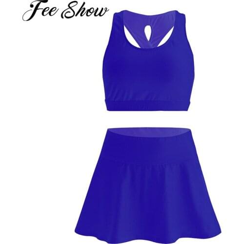 2Pcs Women Sport Suits U Neck Removable Pads Sport Bras Tops and Skirt with Built-in Shorts Set for Gym Running Tennis Workout