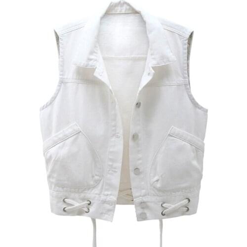 Summer Denim Vest Women Short Tops 2020 Fashion Lace up Big pocket Sleeveless Jacket Plus Size Slim Denim Waistcoat Women G218