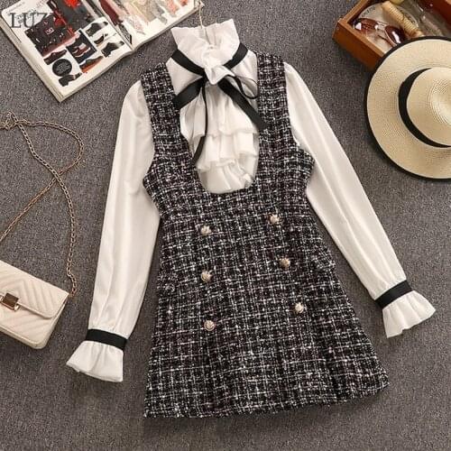 LUZUZI Autumn Winter Elegant 2 Piece Set Women Vintage Ruffles Chiffon Bow Shirt Top+Double Breasted Plaid Tweed Vest Dress