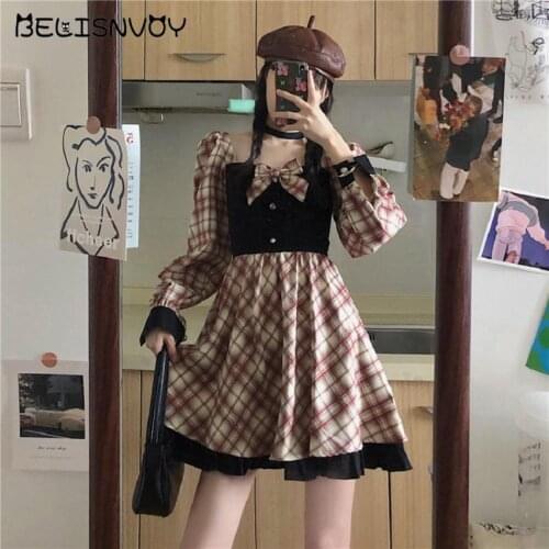 Japanese Lolita Kawaii Puff Sleeve Dress Women Spring Autumn Sweet Ruffles Bow Mini Dress Square Collar Retro Plaid Party Dress