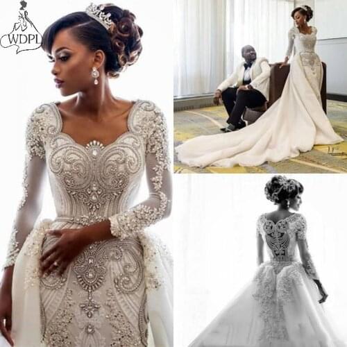 2020 Luxury Dubai Arabic Mermaid Wedding Dresses Long Sleeves Beaded Pearls Bridal Gowns with Detachable Train Vestido de novia