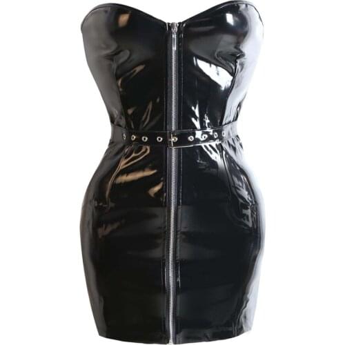 Wild Sexy Nightclub Shiny Costumes Zipper Front Belted Evening Party Dress New Design Strapless Bodycon Sexy Costumes