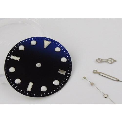 28.5MM Nologo fit NH35A Sterile BLue Black Watch Dial Date Window Watch Needles fit SUB Case