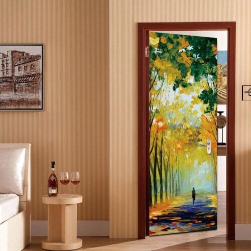3D Door Photo Wallpaper Tree Fallen leaves Road DIY Murals Wallpaper Background Wall Painting Living Room Bedroom Sticker