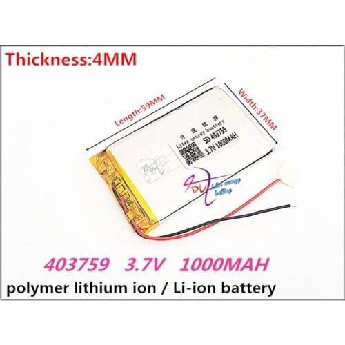 403759 3.7V 1000MAH 383759 Lithium Polymer Li-Po li ion Rechargeable Battery cells For Mp3 MP4 MP5 GPS mobile bluetooth